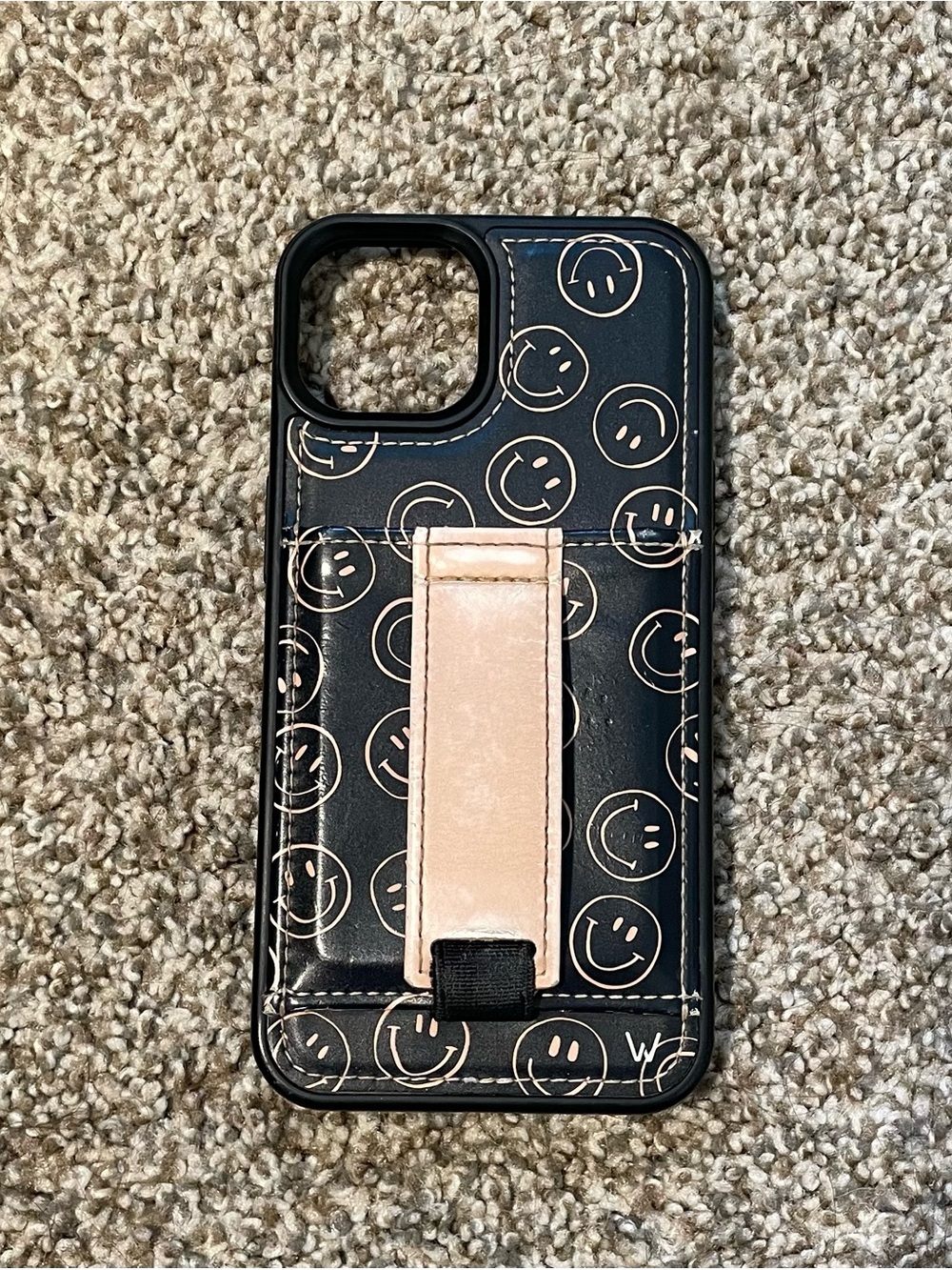 Walli iPhone 13 Black Smiley Face Phone Case with Built-in Wallet and Strap